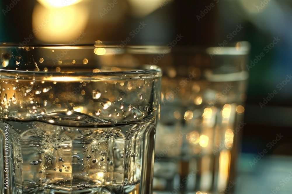 Poster A close-up view of a glass of water on a table. This versatile image can be used in various contexts