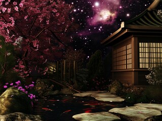 Galactic Glow Above a Traditional Japanese Retreat