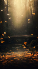 A heavily-detailed image of autumn magic forest, sunlight falling from behind, Autumn Forest Bokeh with Falling Leaves and Sunlight, Perfect for Backgrounds