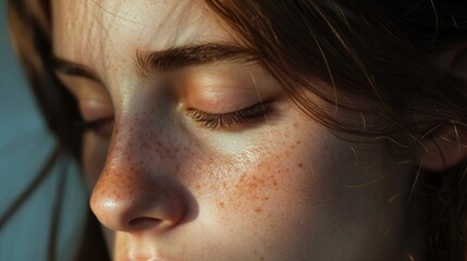 Close-up of a woman's face with her eyes closed. Suitable for meditation or relaxation concepts