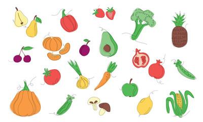 Set of fruits, berries and vegetables in continuous line art drawing style. Fruits and vegetables minimalist black linear sketch and colored sketch isolated on white background. Vector illustration