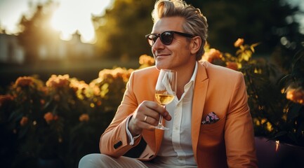 Elegance in a Glass: Explore the world of refined leisure as a man, with glasses, enjoys the richness of wine outdoors, portraying a reductionist form in a lighthearted celebrity portrait with - Powered by Adobe