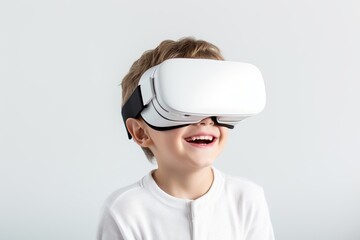 Child boy wearing virtual reality glasses on white background