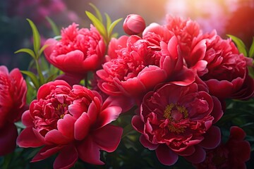 Red peony flowers on blurred background