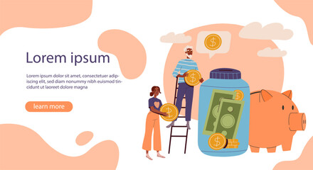 Saving money poster. Landing page design. Man and woman with cash near glass jar. Savings and budget. Family with financial literacy and passive income. Cartoon flat vector illustration