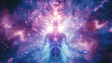 A man raising his hands in surrender or celebration against the backdrop of a beautiful nebula. Perfect for illustrating concepts of awe, surrender, or the vastness of the universe