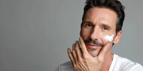 Portrait of handsome man applying shaving cream on his face, isolated on grey background - Powered by Adobe