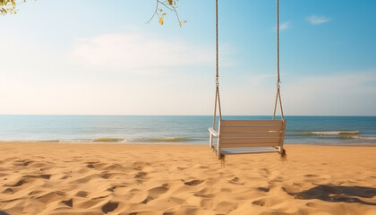 Empty swing on tropical beach with blue sky and white clouds. Nature landscape view of swing on beach and sea in sunny day. Copy space of summer vacation and holiday business travel concept.