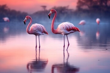 Pink flamingos standing in a lake