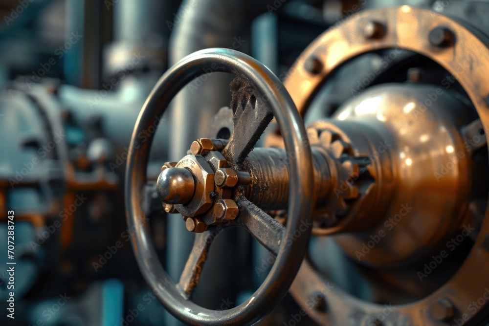 Poster a detailed close-up of a metal pipe with a wheel. this versatile image can be used to illustrate var