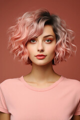 Portrait of a beautiful girl with pink hair on a brown background