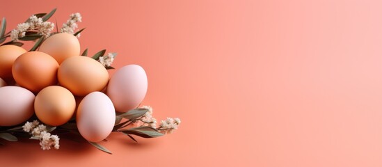 Easter eggs and flowers on a pink background. Easter banner.