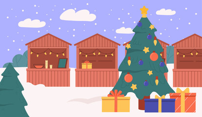 Fototapeta na wymiar Stalls on winter street concept. Urban cityscape with gifts and presents, Christmas tree. New Year and Noel Eve. Markets and shops in snowy weather. Cartoon flat vector illustration