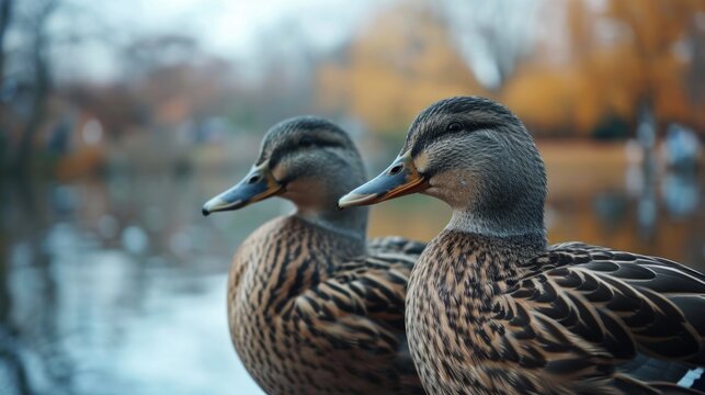 Two ducks standing next to each other near a body of water. Suitable for nature and wildlife themes
