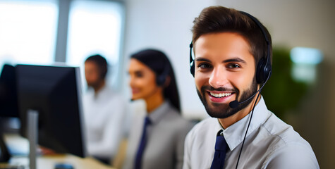 Portrait of smiling male customer support phone operator at office. Call center and customer service concept - obrazy, fototapety, plakaty