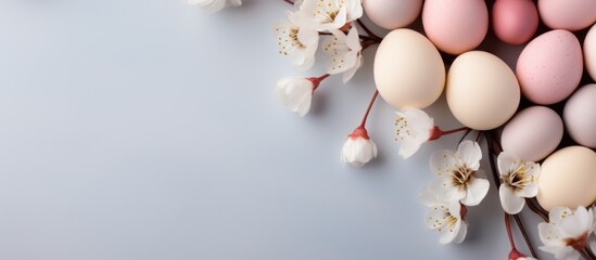 Fototapeta na wymiar Easter eggs and cherry blossom branch on blue background, banner
