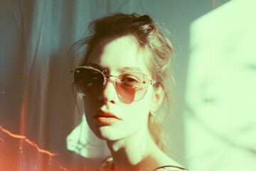 Fototapeta premium Portrait of a beautiful young woman wearing sunglasses in the light. Nostalgic portrait.