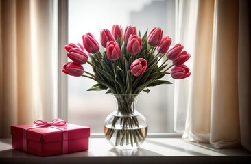 Bouquet of pink tulips by the window and gift box. Spring, holiday, March 8, Mother's Day, birthday
