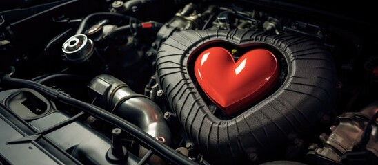 Close up of red heart on the engine of a modern car.