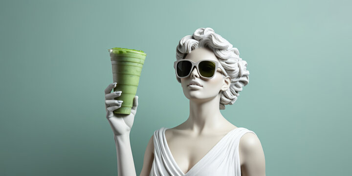 White sculpture of a woman wearing sunglasses with a smoothie glass on a blue background.
