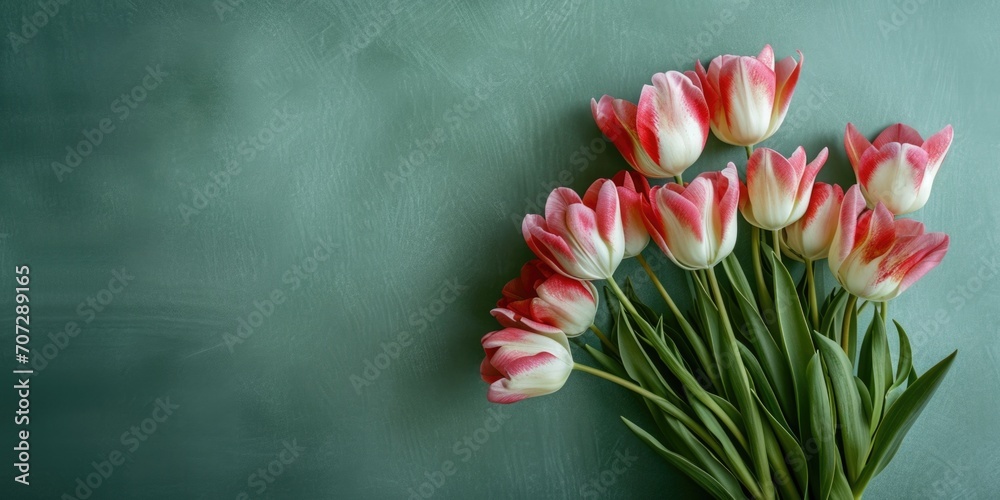Poster A bunch of pink and white tulips arranged against a vibrant green wall. This picture can be used to add a touch of color and freshness to various design projects