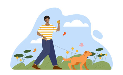Man walking dog concept. Young guy with puppy at leash. Character walk with domestic animal in summer day. Owner with pet at city park. Cartoon flat vector illustration isolated on white background