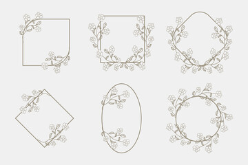 Delicate floral frames with silhouettes of branches, flowers and leaves. Vector botanical frames for cards, labels, wedding invitations, date invitations, covers