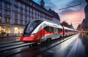 Naklejka premium a red fast train moving on a city street.