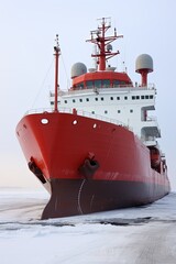 Red icebreaker in the middle of Arctic ocean. The Northern Sea Route. Copy space.