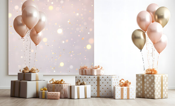 Gift boxes with balloons and confetti on white background, 3D rendering