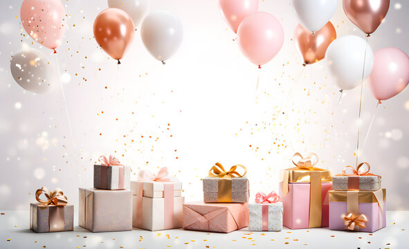 Gift boxes with balloons and confetti on white background, 3D rendering