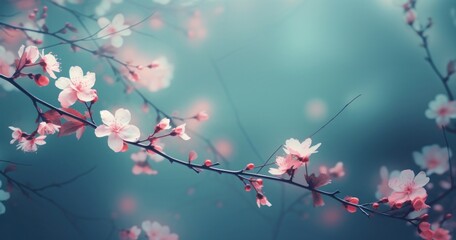 a blurry picture of flowers and branches against a blue background.