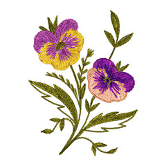 Set of compositions of flowers in embroidery style. Handmade textile floral composition for greeting cards, invitations, notebooks, and others. Violets - obrazy, fototapety, plakaty