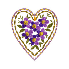 Set of compositions of flowers in embroidery style. Handmade textile floral composition for greeting cards, invitations, notebooks, and others. Violets