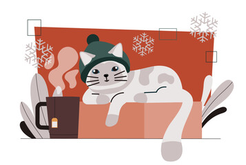 Winter time scene concept. Cat in green hat at cardboard box. New Year and Christmas season, Noel Eve. Graphic element for website. Cartoon flat vector illustration isolated on white background