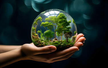 Human hands holding a glass sphere with tree inside and blurred forest background. Earth day concept