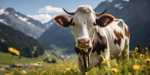 Horned cow grazes in an alpine meadow, framed by majestic mountains. - obrazy, fototapety, plakaty