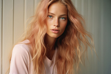 Naklejka premium Beautiful young woman with long curly hair. Portrait of a girl with blond hair .
