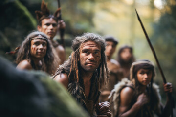 Traditional tribe members in ancient dress with spears in rainforest settings. - obrazy, fototapety, plakaty