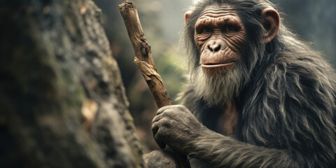 A thoughtful old chimpanzee, an ancestor of humans, sitting in a green jungle environment.