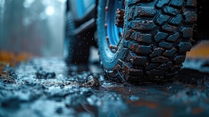 Close-up of Off-Road Tire Covered in Dirt and Mud - obrazy, fototapety, plakaty