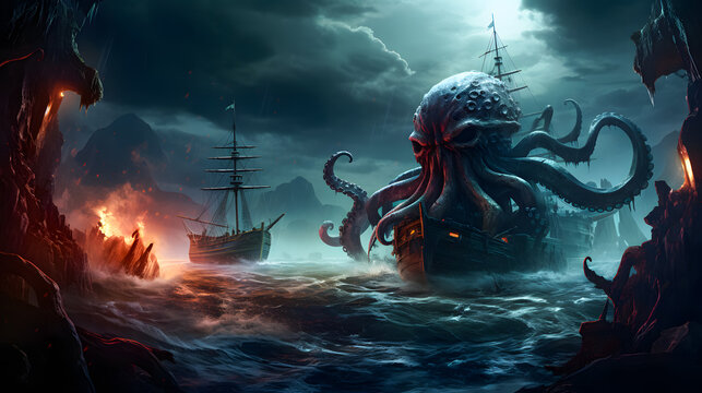 Fantasy scene with kraken of giant octopus and ship in the sea. Horror concept. 3D Rendering