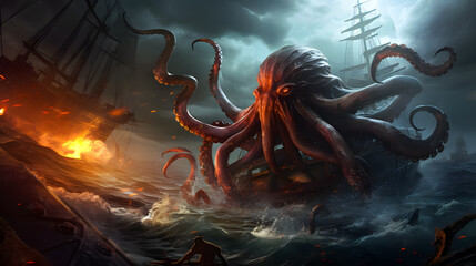 Fantasy scene with kraken of giant octopus and ship in the sea. Horror concept. 3D Rendering