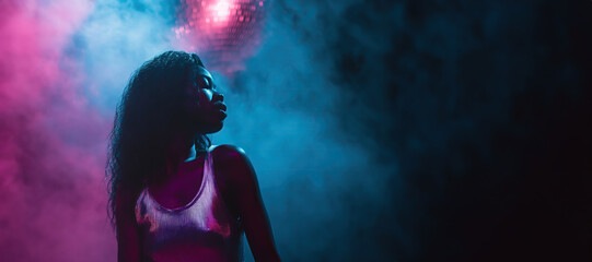 Beautiful African black girl dance in nightclub beside disco ball and stage smoke in retro pint and blue light with copy space
