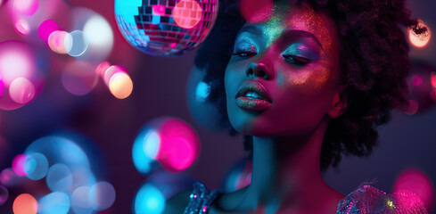 Beautiful African black girl wearing glitter makeup in disco party beside disco ball and stage smoke in retro pint and blue light with copy space