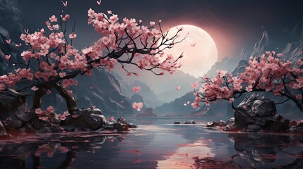Moonlit oriental landscape with sakura cherry trees and floating petals - obrazy, fototapety, plakaty