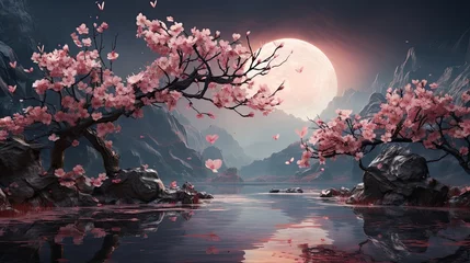 Foto op Aluminium Moonlit oriental landscape with sakura cherry trees and floating petals © neirfy
