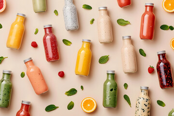 Healthy smoothies in glass bottles on beige background, diet goals, fruit and vegetable juices,...
