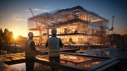 civil engineers stand on the construction site, carefully inspecting the building structure,  Civil Engineers Ensuring Structural Integrity, Assessing Building Stability at Construction