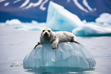 Harbor seal sitting on ice floe, Antarctic Peninsula, Antarctica.
